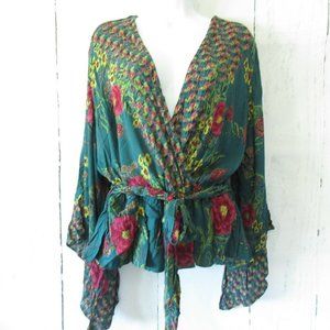 Angie Top Teal Green Asian Floral Print Tie Kimono
